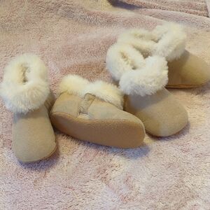 TWINS! Bundle Of Tan Baby Booties with Faux Fur